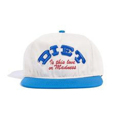 Diet Starts Monday Madness Hat (Cream/Blue/Red) - Diet Starts Monday Vintage White Baseball Cap For Summer, White Embroidered Cotton Baseball Cap, Retro White Six-panel Hat, White Embroidered Baseball Cap With Flat Brim, Retro White Baseball Cap With Embroidered Logo, Vintage White Hat With Embroidered Logo, White Vintage Hat With Embroidered Logo, White Vintage Six-panel Hat, White Flat Bill Baseball Cap For Spring