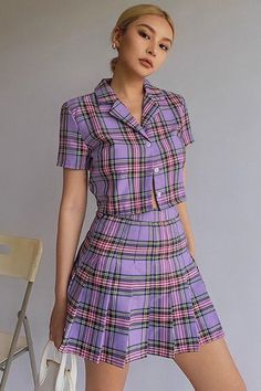 Casual Fitted Plaid Skort, Casual Fitted Plaid Mini Skirt, Spring Fitted Plaid Skort, Purple Mini Skirt For School In Summer, Purple Summer Skirt For School, Summer Purple Mini Skirt For School, Purple Mini Skirt For Summer School, Casual Purple Cotton Skort, Purple Summer School Skirt