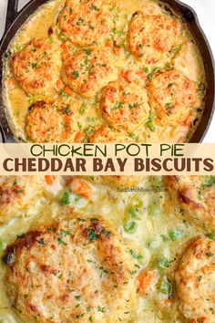 chicken pot pie cheddar bay biscuits in a skillet