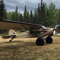 a small airplane parked on top of a grass covered field next to a wooded area