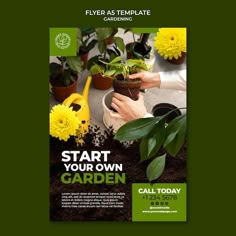 a flyer for a plant nursery with yellow flowers and green plants in the dirt, on a dark green background