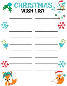 a christmas wish list with cute animals and snowflakes on the top of it