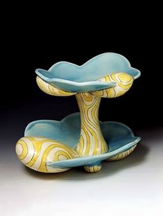 two blue and yellow dishes sitting on top of each other