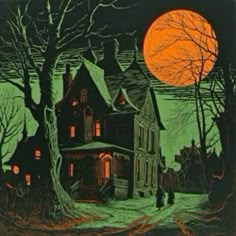 an image of a creepy house with the moon in the sky above it and trees