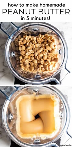 two pictures showing how to make homemade peanut butter