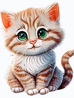 a drawing of a kitten with green eyes sitting down and looking at the camera, on a white background