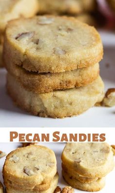 three different pictures of cookies stacked on top of each other with the words pecan sandies above them