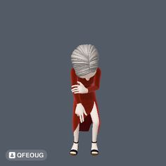 an animated image of a woman in a red dress with her hands behind her head