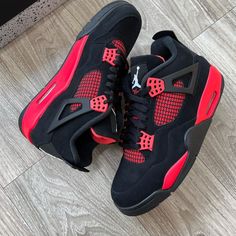 Air Jordan Retro 4 Youth! Red Thunder Sneakers. Size: 1 Youth. Color: Black & Red. Condition: Excellent (Minimal Wear/Few Scuffs). Refer To Images For More Details. Zoom In On Images To Preview Item Condition. Smoke Free Environment. Red Thunders Shoes, Red Thunder 4s Outfit, Red Thunder 4s, Red Thunders, Jordan 4 Retro Red Thunder, Jordan 4 Red Thunder, Red Nike Shoes, Jordan 4 Red, Bedazzled Shoes