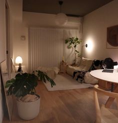 a living room filled with furniture and a potted plant next to a table on top of a hard wood floor