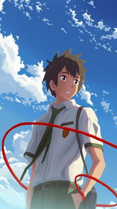 an anime character holding a red object in front of blue sky with clouds behind him