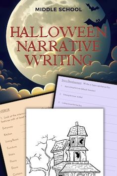 halloween narrative writing for middle school students with an image of a church and full moon in the background