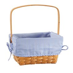 a basket with a blue and white checkered cover