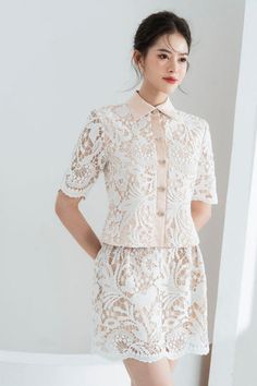 Wendy Straight Pointed Flat Collar Lace Shirt | MEAN BLVD Elegant White Tops With Scalloped Lace, Elegant Lace Patchwork Blouse For Daywear, Elegant Spring Wedding Shirt, Chic Short Sleeve Blouse With Lace Patchwork, Lace Patchwork Short Sleeve Top, Elegant Beige Tops With Lace Collar, Elegant Lace Work Blouse For Daywear, Elegant Workwear Shirt With Floral Embroidery, Collared Lace Tops For Work