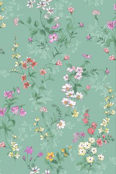 a green wallpaper with colorful flowers and leaves on the top right hand corner, in pastel shades