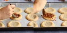 someone is spreading caramel on top of some cookies