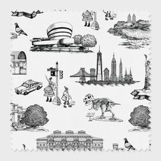 a black and white drawing of different types of architecture