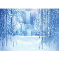 an image of a frozen waterfall in the snow with icicles hanging from it's sides