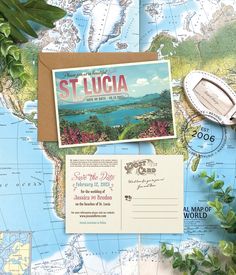 a postcard and envelope sitting on top of a map with the words st lucia