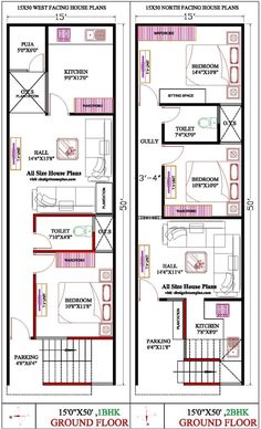 two story house plan with floor plans and measurements for each room in the house, it is