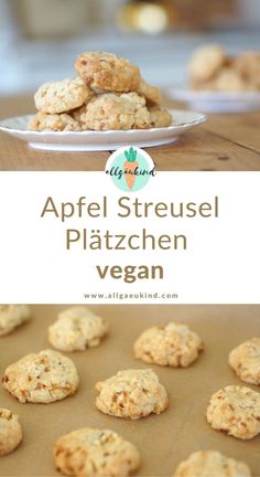 a plate full of cookies with the words appel streusel platzchen vegan