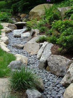 a garden with rocks, grass and flowers in the foreground is a small stream running between two large boulders