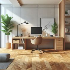 an office with wooden flooring and desk, bookshelves and plants in the corner