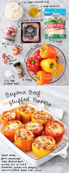 the ingredients to make stuffed peppers are shown in separate images and labeled on each side