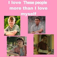 some people with glasses and one has a pink background that says, i love these people more than i love myself