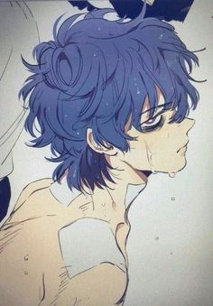 an anime character with blue hair staring at something