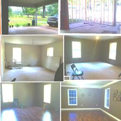 the inside of an empty house with wood flooring and several different windows in it