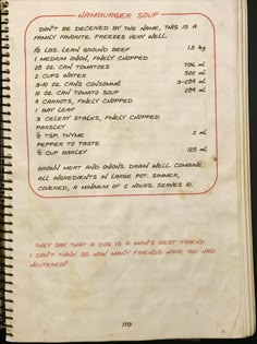 an old recipe book with writing on it