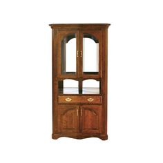 a wooden china cabinet with glass doors on the top and bottom shelves, in dark wood