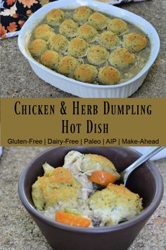 chicken and herb dumpling hot dish in a casserole dish