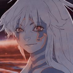 an anime character with white hair and blue eyes looks at the camera while staring into the distance