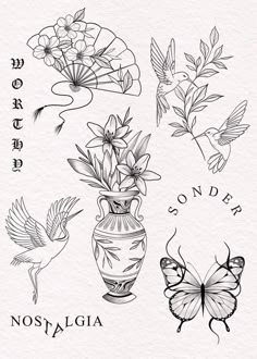 a drawing of flowers and butterflies in vases with the words, noosalaga written