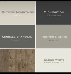 several different colors of wood with the names of them in white, gray and grey