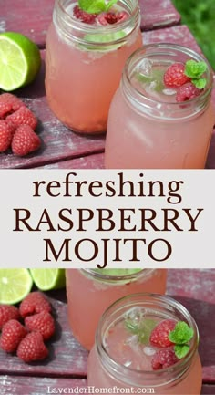 two mason jars filled with raspberry mojito