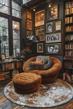 a living room filled with lots of books and pictures on the wall next to a round rug