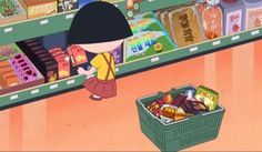 a cartoon character is shopping in a grocery store