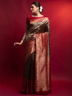 Marvelous Red And Black Heavy Zari Weaving Silk Wedding Wear Saree Red Heavy Saree, Festival Saree, Heavy Saree, Boatneck Blouse, Traditional Party Wear, Red Sari, Saree Banarasi, Designer Silk Sarees, Half Sleeve Blouse