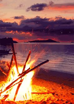 a campfire is lit on the beach at sunset