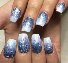 Gel Manicure And Pedicure Ideas, Gel Manicure And Pedicure, Cute Manicures, Manicure And Pedicure Ideas, Ambre Nails, Two Tone Nails, Blue And Silver Nails, January Nail Designs, Shiny Nails Designs