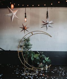 three star decorations hang from the ceiling above a planter with greenery in it