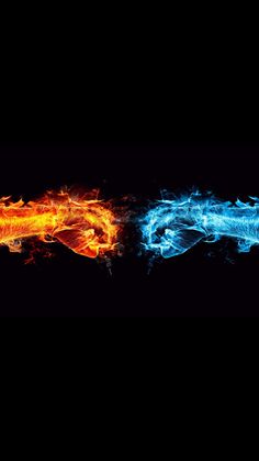 two different colored fire and water on a black background