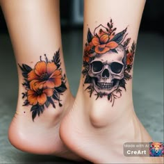 two tattoos on both legs with orange flowers and a skull in the middle one has a flower crown