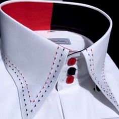 Morcouture White Red Black Stitch High Collar Shirt. 100% Cotton, Alternating Red And Black Square Buttons, French Cuffs, Hidden Button Down Collar. Shirt Is Full Regular Fit. 50s Men, Easy Marinades, High Collar Shirts, Black Stitch, Collard Shirt, Tactical Jacket, Fairytale Fashion, Men Stylish Dress, Mens Winter