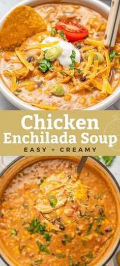 chicken enchilada soup in a white bowl with a spoon and the recipe below