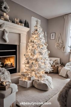 a white christmas tree in a living room