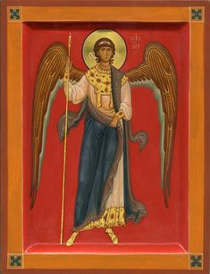 an icon with an angel holding a staff and wearing a gold halo, standing in front of a red background